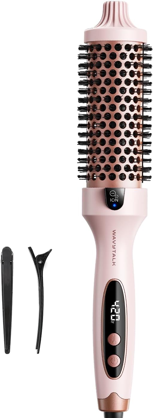 Wavytalk Thermal Brush Blowout Boost 1.5″ Heat Round Brush for Blowout Look | Negative Ion Technology, Tourmaline Ceramic, 5 Temperature Settings Dual Voltage, Less Damage, Sakura Pink