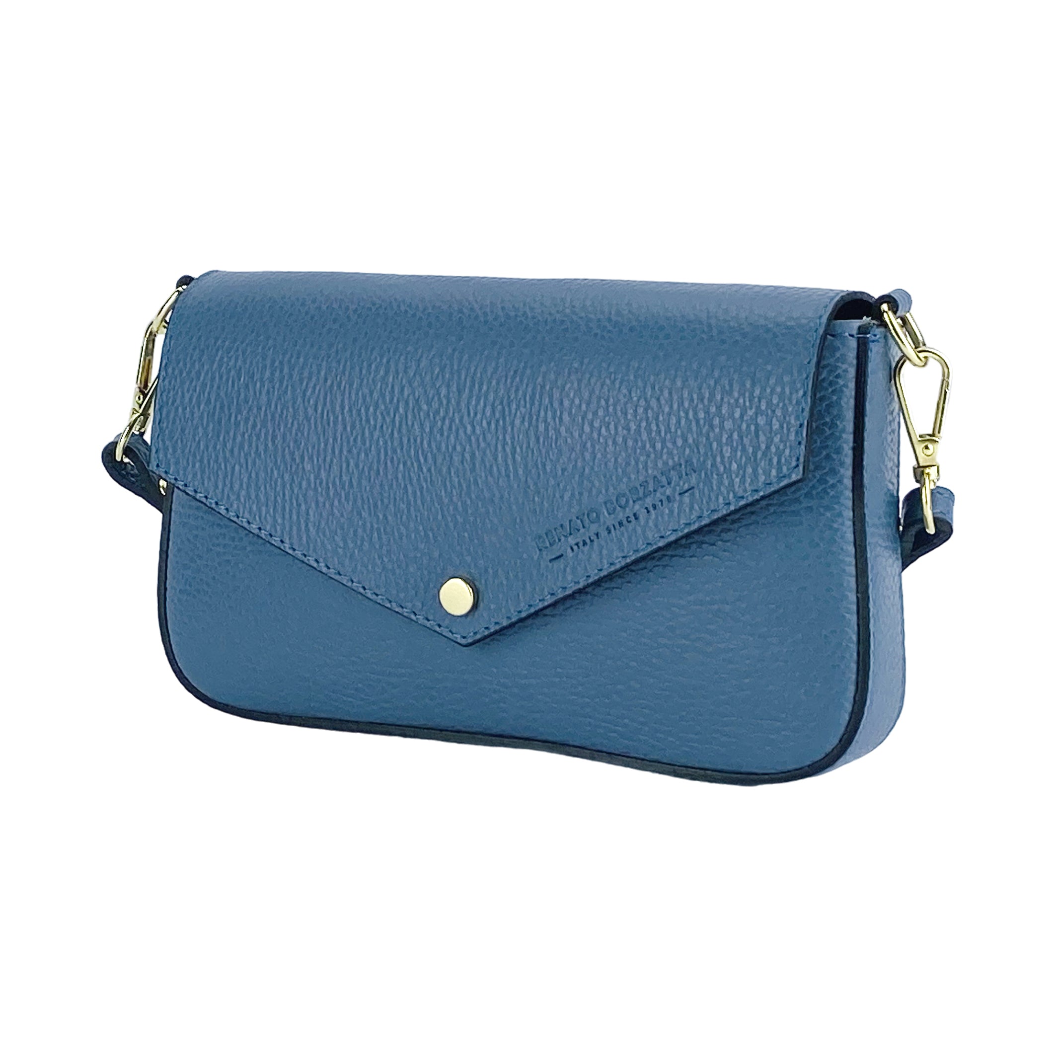 RB1023P | Small Shoulder Bag with Removable Chain Strap in Genuine Leather Made in Italy. Flap Closure. Shiny Gold metal hardware - Avio color - Dimensions: 22 x 12 x 3 cm.