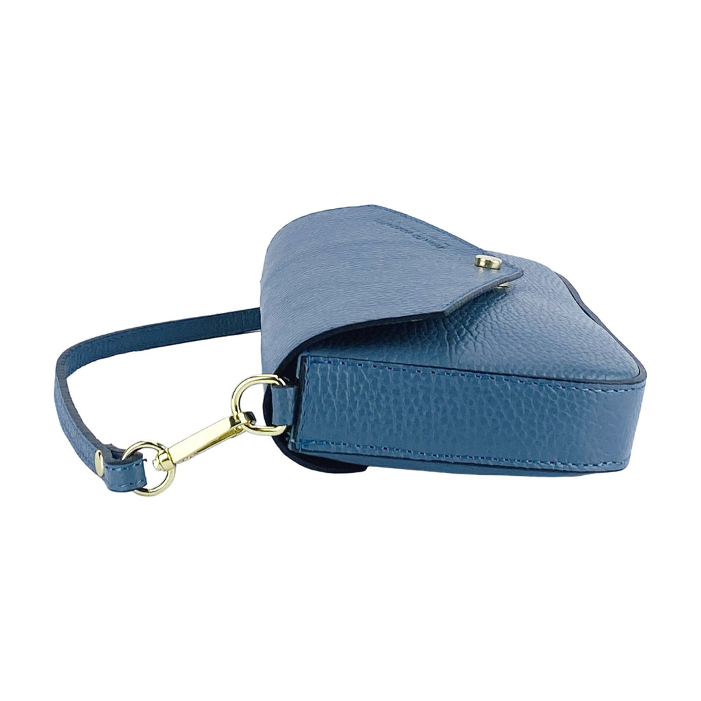 RB1023P | Small Shoulder Bag with Removable Chain Strap in Genuine Leather Made in Italy. Flap Closure. Shiny Gold metal hardware - Avio color - Dimensions: 22 x 12 x 3 cm.
