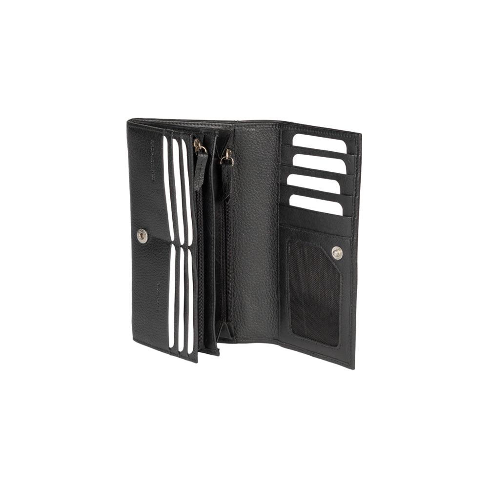 RB12129A | Women's wallet in genuine full grain leather, dollar/light grain. Black color. RFID protection. Size when closed: 18.5 x 10 x 3 cm. Packaging: gift box bottom/cover