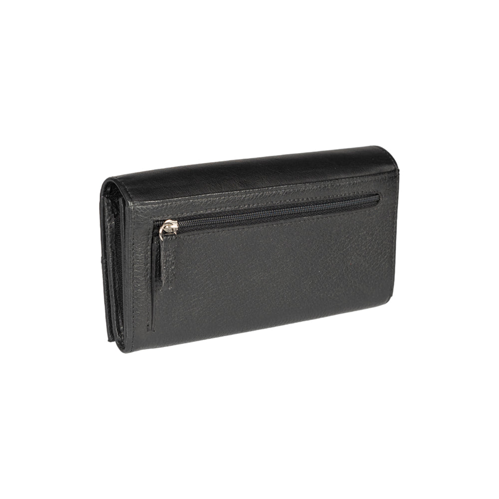 RB12129A | Women's wallet in genuine full grain leather, dollar/light grain. Black color. RFID protection. Size when closed: 18.5 x 10 x 3 cm. Packaging: gift box bottom/cover