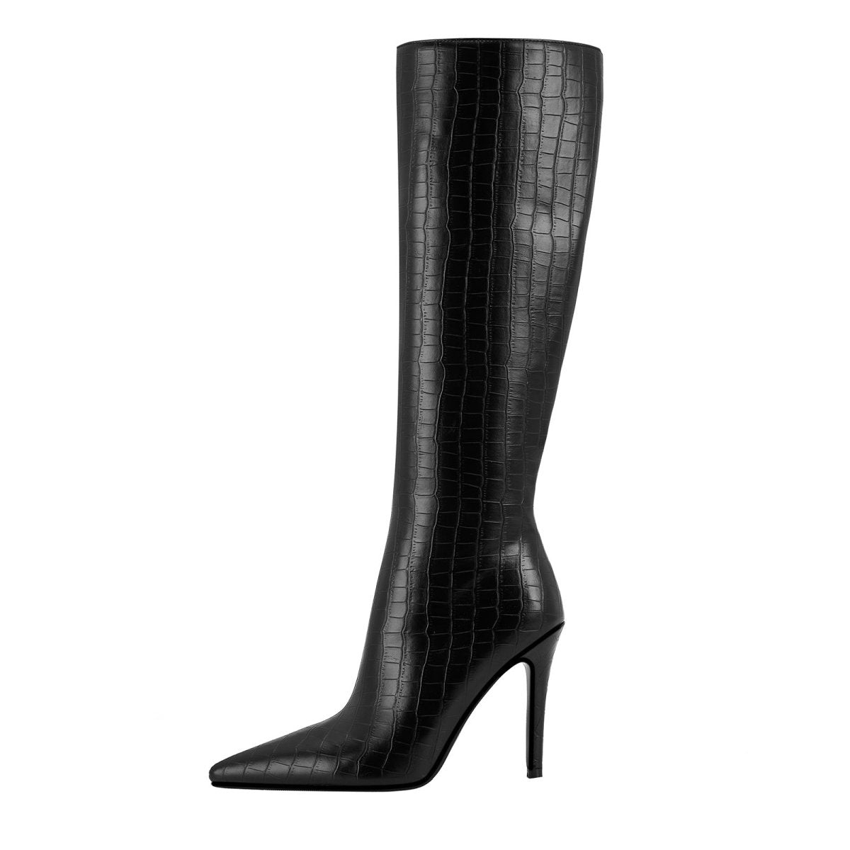 Sleek Black Leather Pointed Knee High Boots