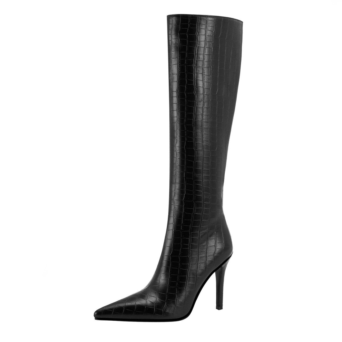 Sleek Black Leather Pointed Knee High Boots