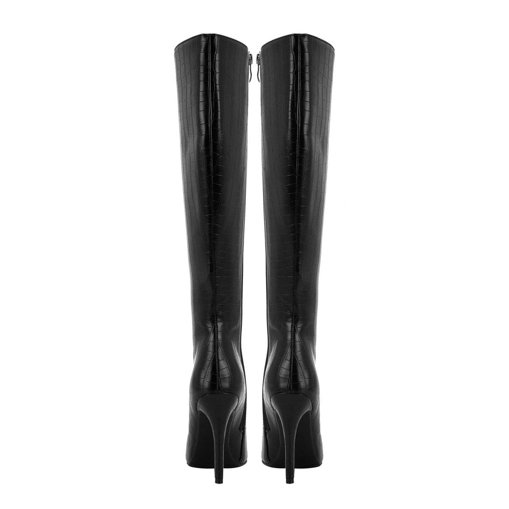Sleek Black Leather Pointed Knee High Boots