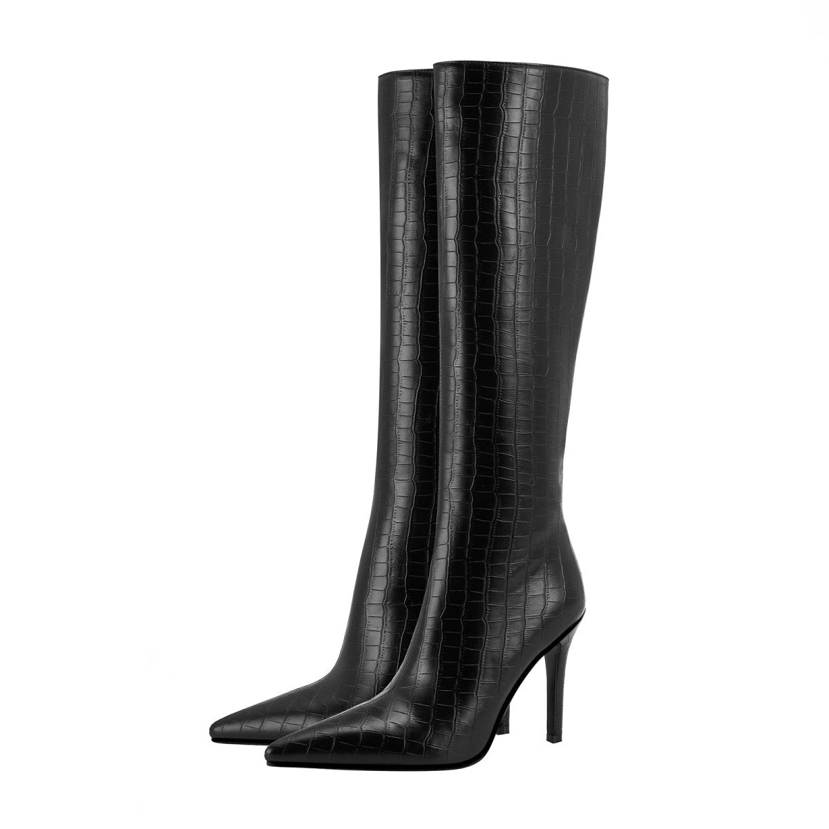 Sleek Black Leather Pointed Knee High Boots